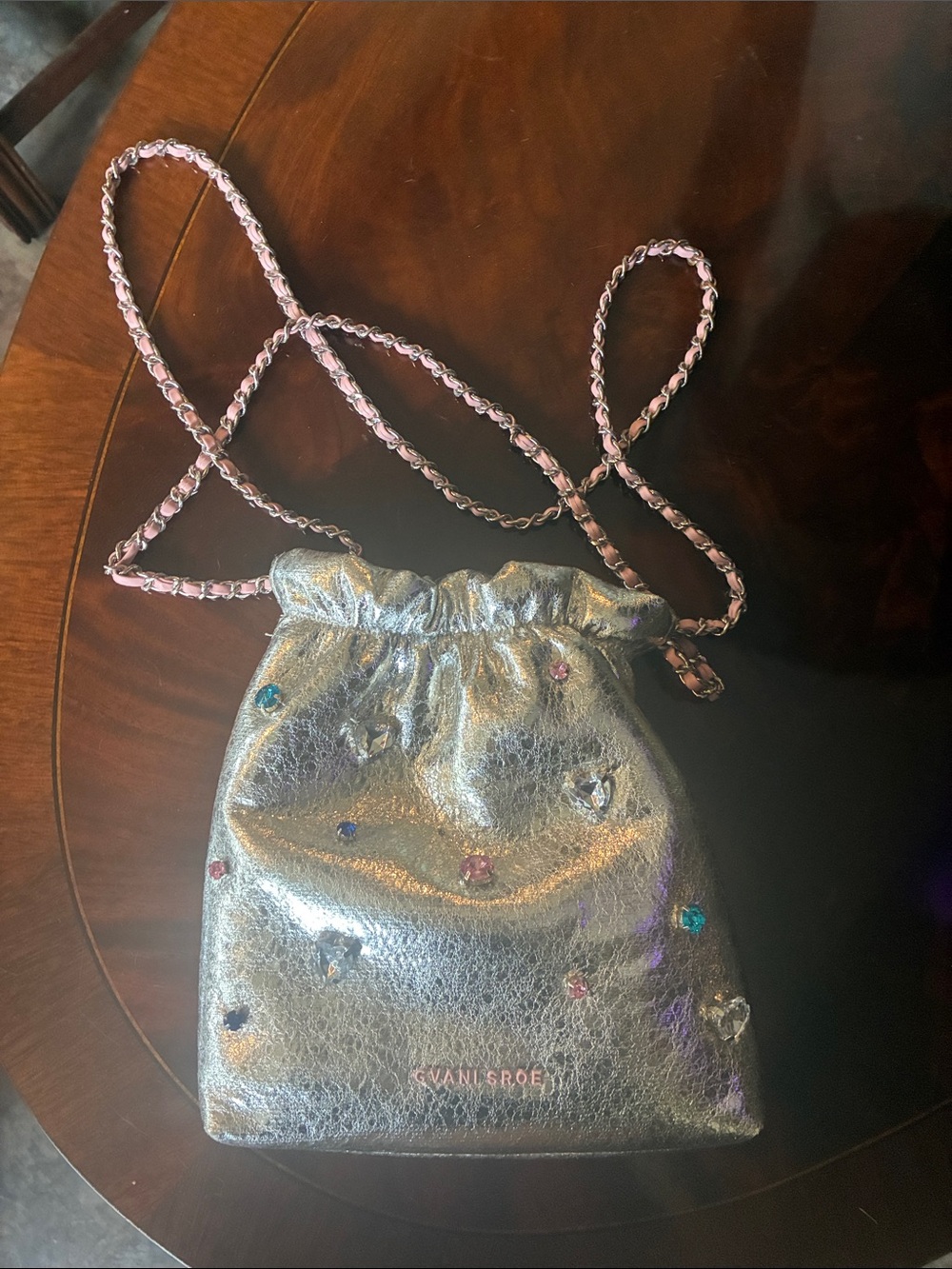 Metallic Silver Gem-Embellished Mini Drawstring Bag